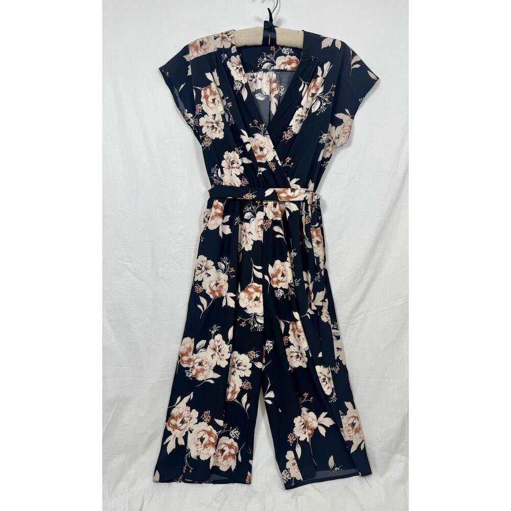 NWOT Women’s Black Floral Wide-Leg Short Sleeve Jumpsuit Tie Elastic Waist